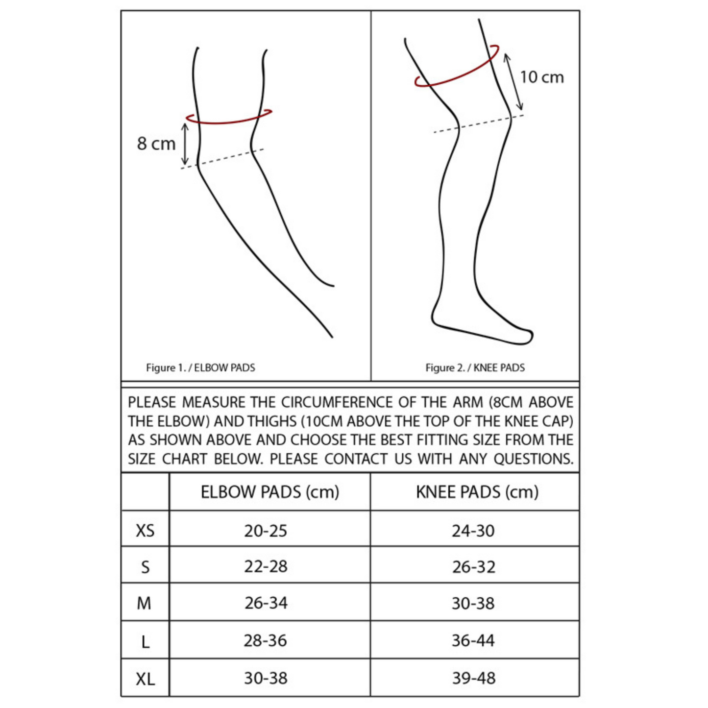 Size chart for R Willy Hard Shell Knee Pads, showing XS to XL measurements for accurate fitting.